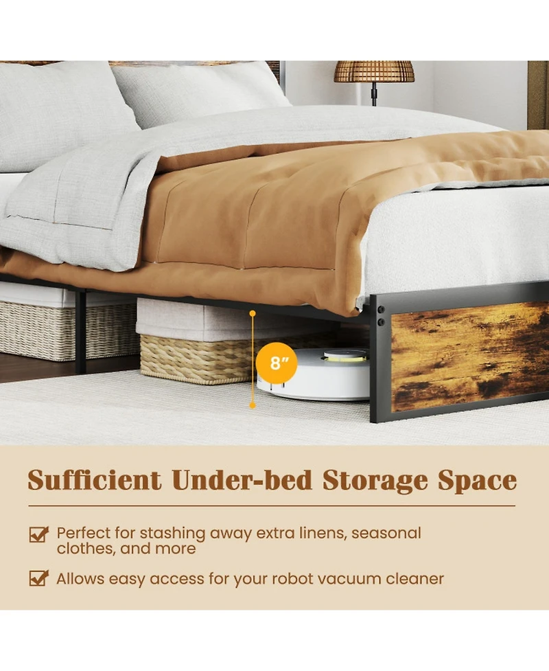 Sugift Queen Size Industrial Metal Platform Bed with Storage Headboard and Charging Station