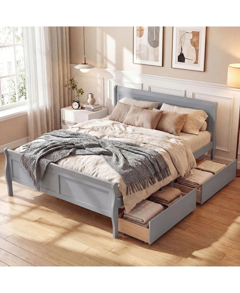 Sugift Full Size Sleigh Platform Bed with 2 Storage Drawers and Curved Footboard