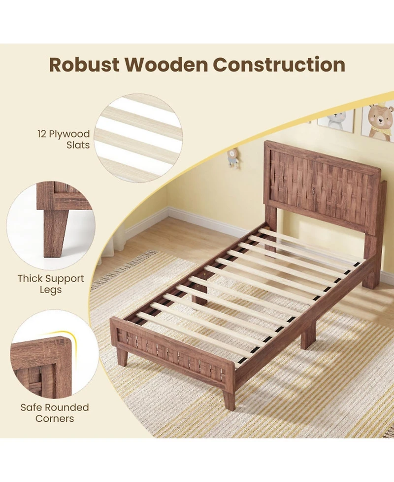 Sugift Twin Size Mid-Century Wood Bed Frame with Woven Accent Headboard