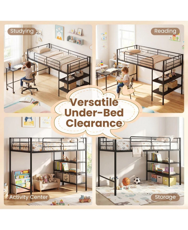Sugift Twin Size Metal Loft Bed with Rolling Desk and Bookshelf Ladder