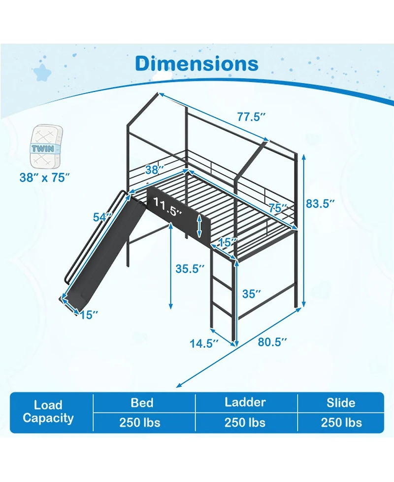 Sugift Twin Size Kids Metal Loft Bed with Slide Ladder and Chalkboard