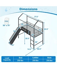 Sugift Twin Size Kids Metal Loft Bed with Slide Ladder and Chalkboard