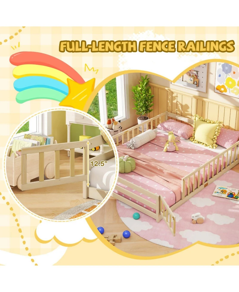 Sugift Queen Size Montessori Floor Bed with Full-Length Guardrails and Lockable Door