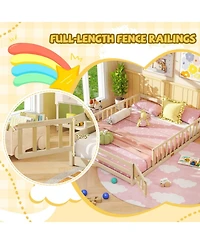 Sugift Queen Size Montessori Floor Bed with Full-Length Guardrails and Lockable Door
