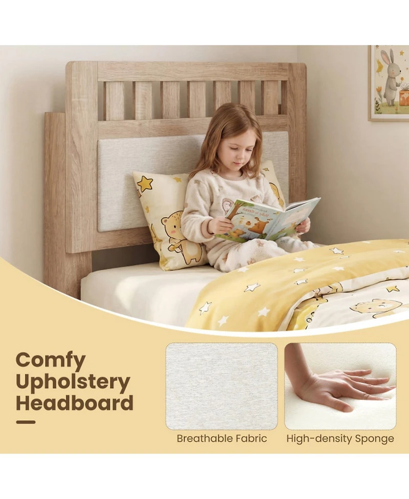 Sugift Twin Size Mid-Century Wood Bed Frame with Upholstered Headboard