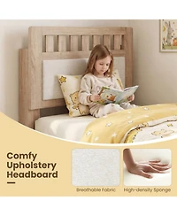 Sugift Twin Size Mid-Century Wood Bed Frame with Upholstered Headboard
