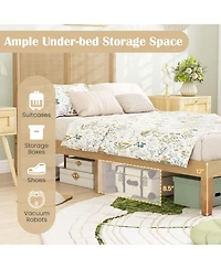 Sugift Twin Size Platform Bed Frame with Woven Rattan Headboard and Wood Slats