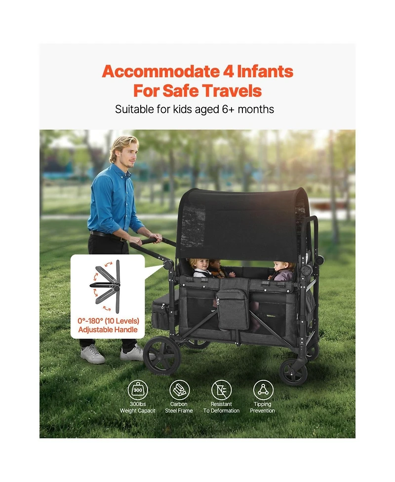 Mountaintop 4-Kid Wagon Stroller, Collapsible Push/Pull Cart with Canopy, Safety Harnesses & Adjustable Handle, 330lb Capacity