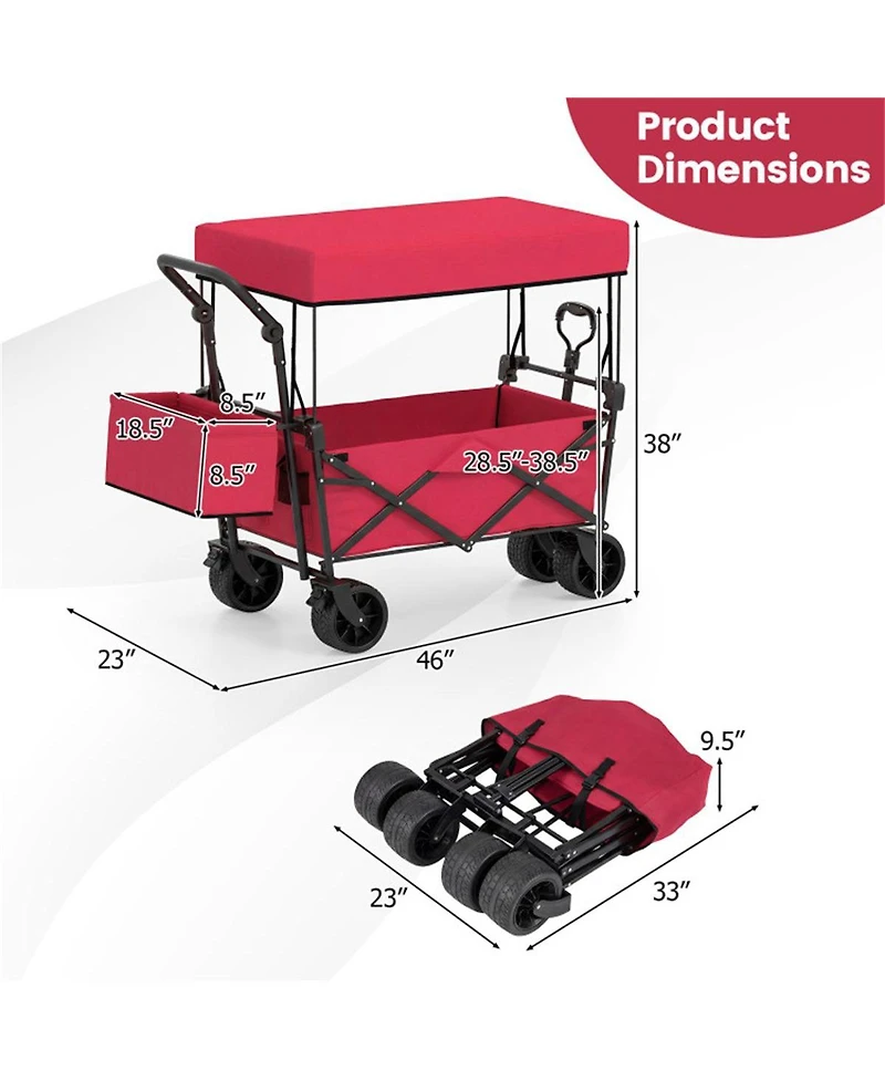 Mountaintop Foldable Utility Wagon,Adjustable Handle Outdoor Wagon, Puncture-Proof Wheels with Brakes, Removable Bag and Side Pockets-Red