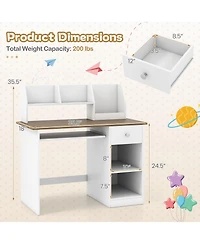Costway Kids Study Desk, Wooden Writing Table with Keyboard Tray and Drawer,Side Bookshelf