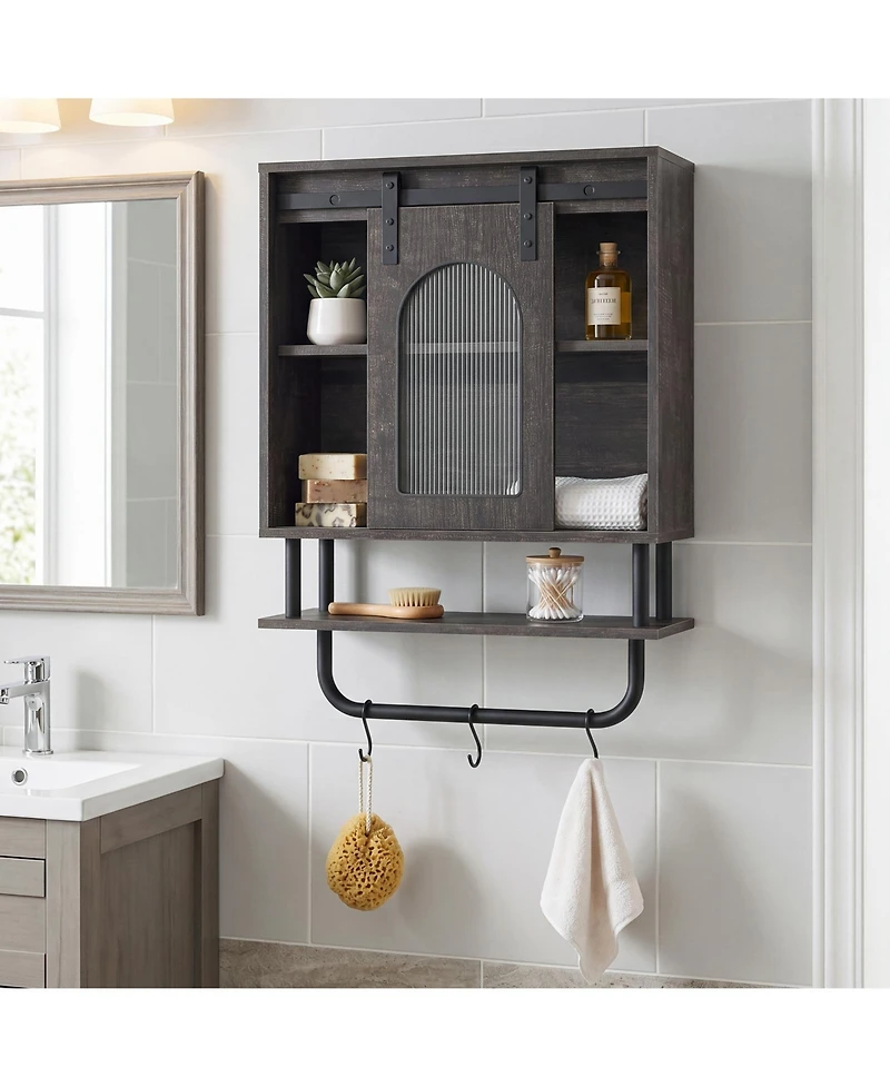 Costway Bathroom Wall Cabinet with Sliding Barn Door Metal Hanging Bar 3 Hooks for Kitchen