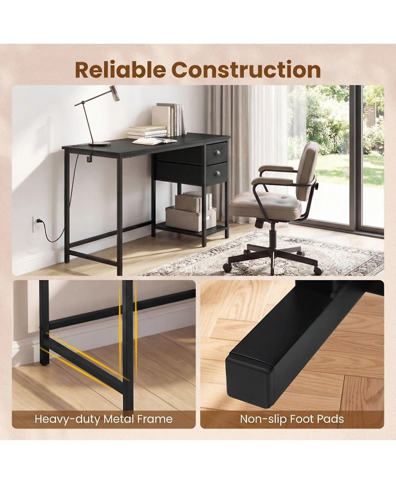 Sugift Computer Desk With Charging Station and 2 Fabric Drawers for Small Spaces