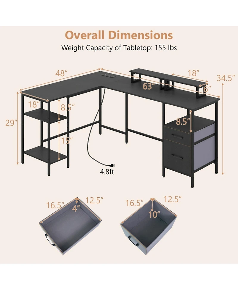 Sugift L-Shaped Reversible Computer Desk With Power Outlet Monitor Stand And 2 Foldable Drawers