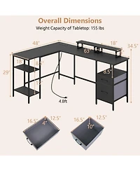 Sugift L-Shaped Reversible Computer Desk With Power Outlet Monitor Stand And 2 Foldable Drawers