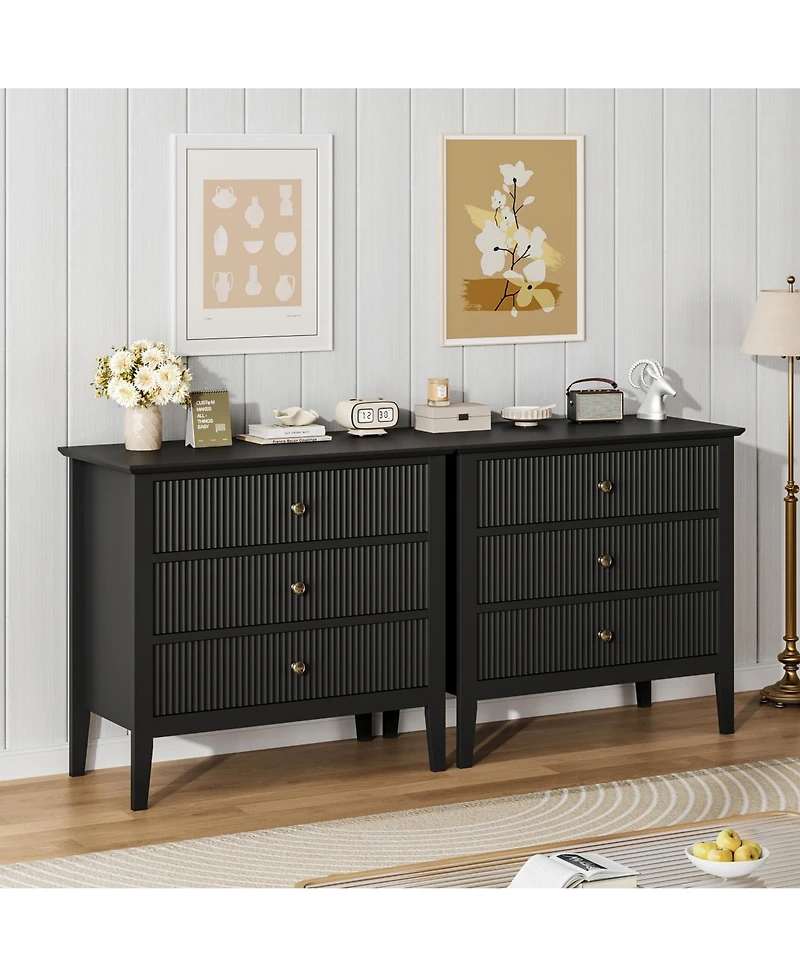homfan Modern 3-Drawer Storage Chests, Grooved Panel Cabinets with Metallic Pull Handles, Freestanding Storage Furnishings for Bedroom, Living Room