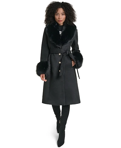 Karl Lagerfeld Paris Women's Fur Trimmed Single Breasted Long Wool Coat