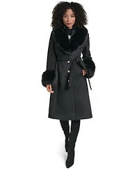 Karl Lagerfeld Paris Women's Fur Trimmed Single Breasted Long Wool Coat