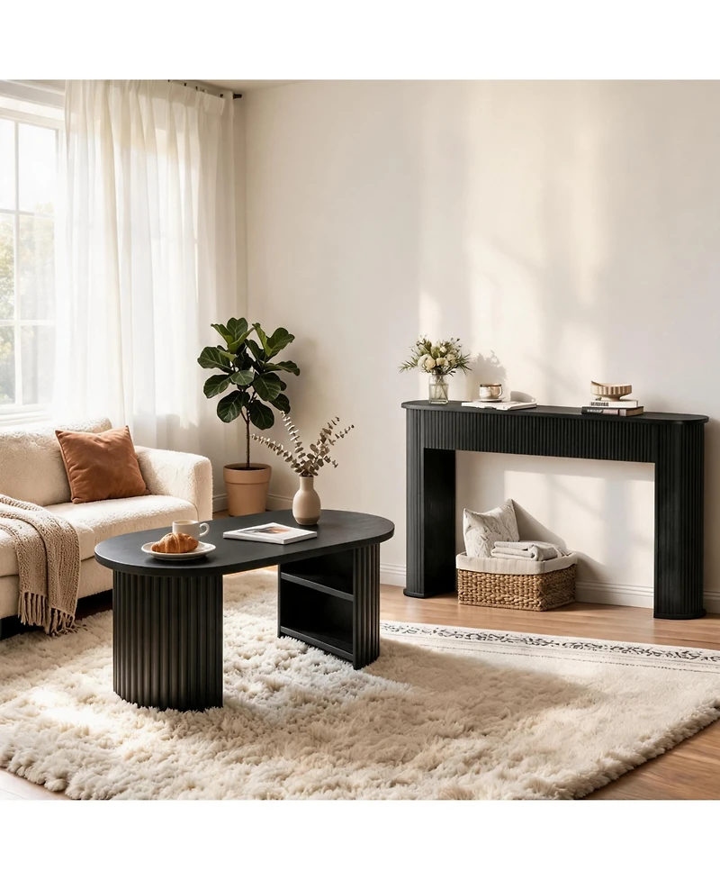 Gaomon Living Room Furniture Set of 2 Fluted Console Table 59" and Oval Coffee Table 39" Mid Century Modern Wood Entryway Sofa Table with Open Shelf