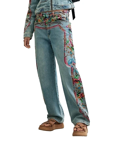 Desigual Women's High-Rise Wide-Leg Floral-Print Jeans