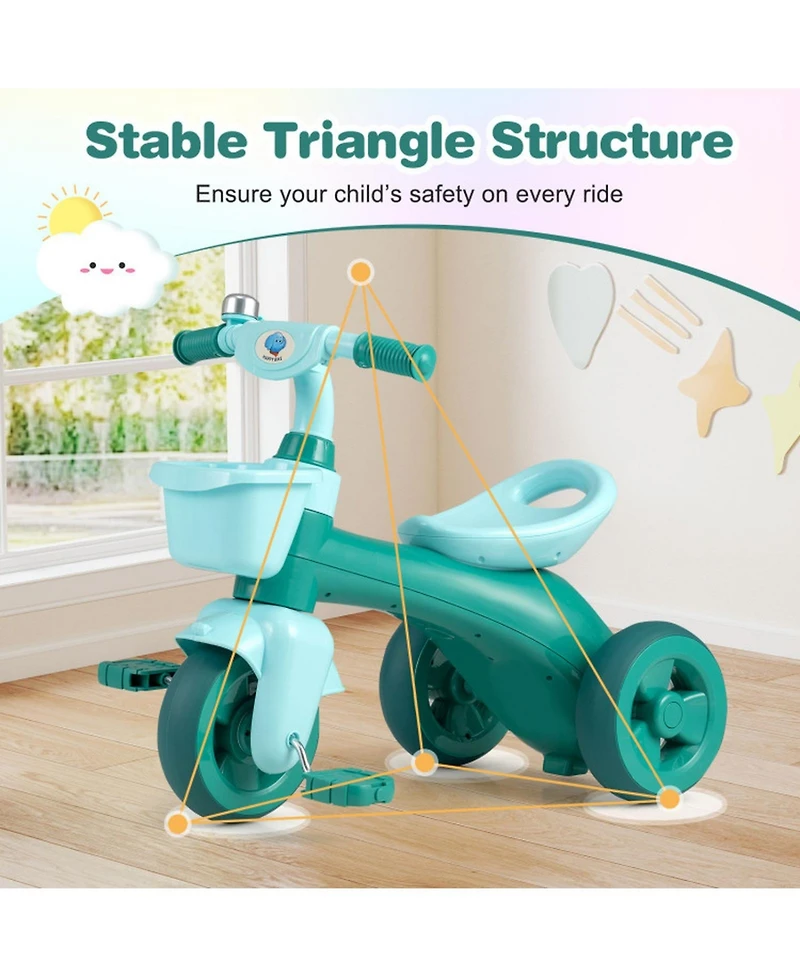 Sugift Toddler Tricycle with Limited Steering, Front and Rear Baskets, and Bell, Ages 3-5