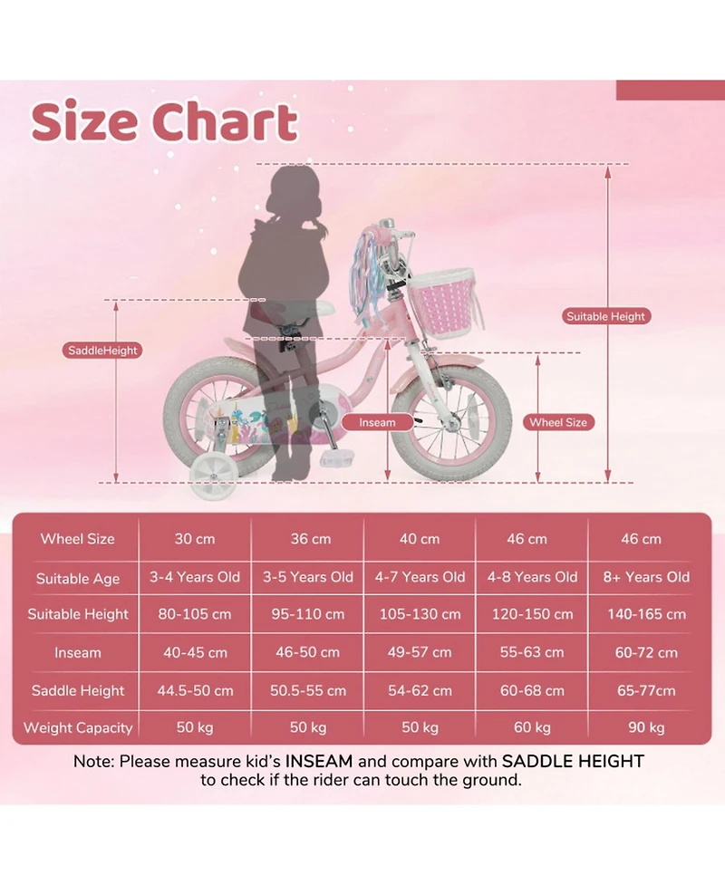 Sugift 14 in Kids Bike Adjustable with Basket and Streamers for Girls Aged 3-5 Years Old