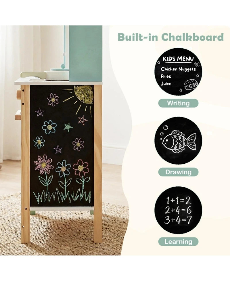 Sugift Wooden Play Kitchen with Chalkboard, 13-Piece Playset, Ages 3+