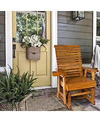 Mega Casa Solid Wood Outdoor Glider Chair, All-Weather High Back Patio Rocker with Dual Cup Holders