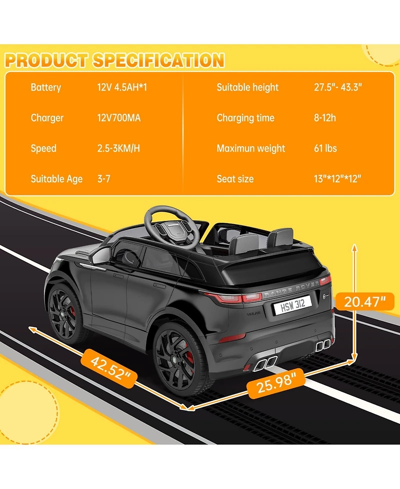 homfan 12V Licensed Land Rover Remote-Control Ride-On Car with Led Lights, Two-Seater, Ages 3+