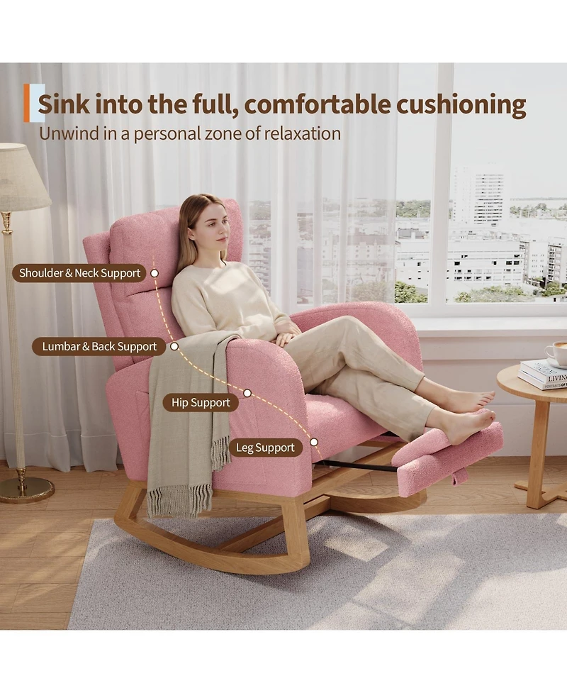 homfan Soft Teddy Fleece Rocking Chair Modern Nursery Glider Chair with Side Pockets and Pillow Extendable Footrest Upholstered Rocker for Living Room