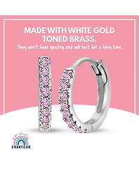 Chanteur Girls /Girl/Round Crystal White Gold Palladium Plating Pink Crystal Huggie Hoop Earrings