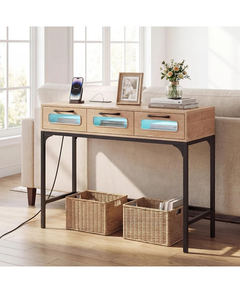 Slickblue Modern Console Table with Led Lights and Charging Station