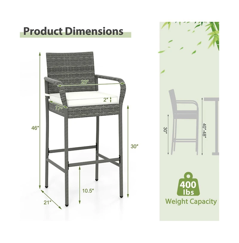 Boyel Living Patio Wicker Barstools with Armrests and Soft Cushions for Porch Backyard Set of 2