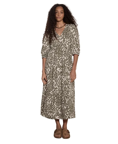 Apricot Women's Tapestry Ikat Midi V-Neck 3/4 Sleeve Dress
