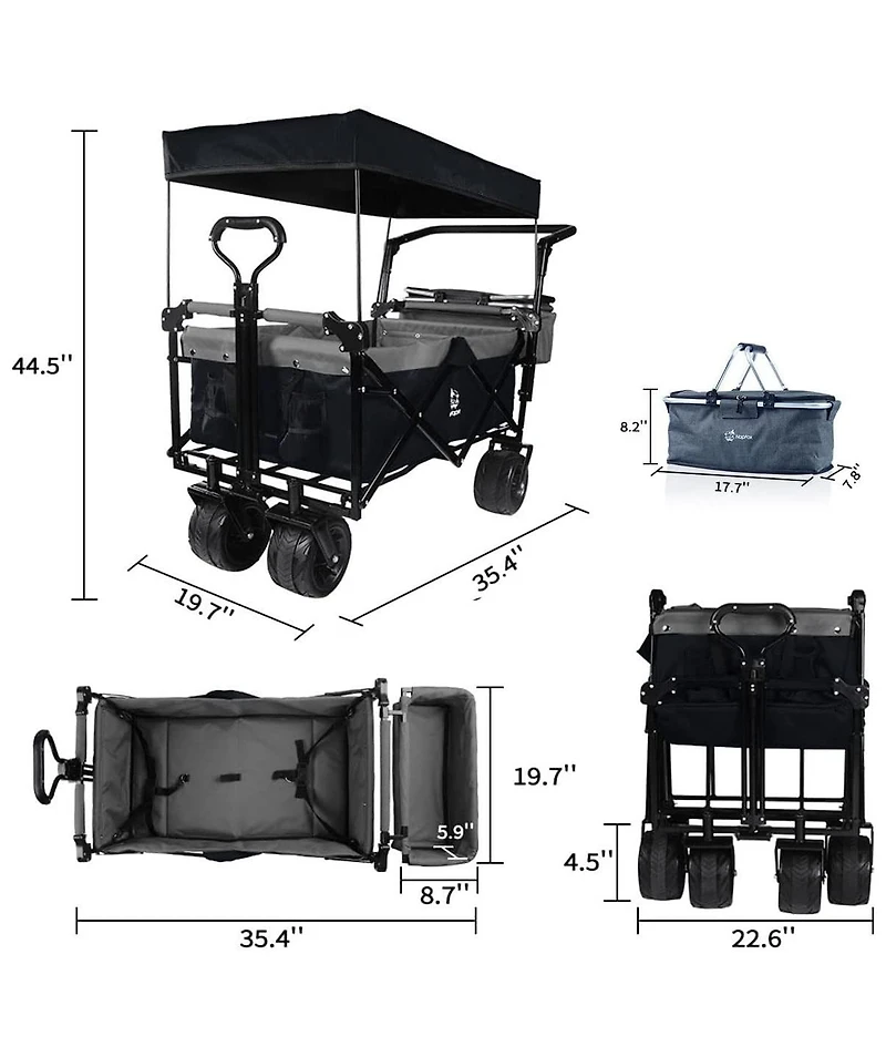 Mountaintop Collapsible Wagon with Removable Canopy, 4" All-Terrain Wheels with Brake, Adjustable Handle and Cooler Bag for Outdoor Garden and Beach