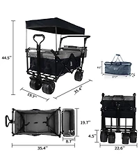 Mountaintop Collapsible Wagon with Removable Canopy, 4" All-Terrain Wheels with Brake, Adjustable Handle and Cooler Bag for Outdoor Garden and Beach