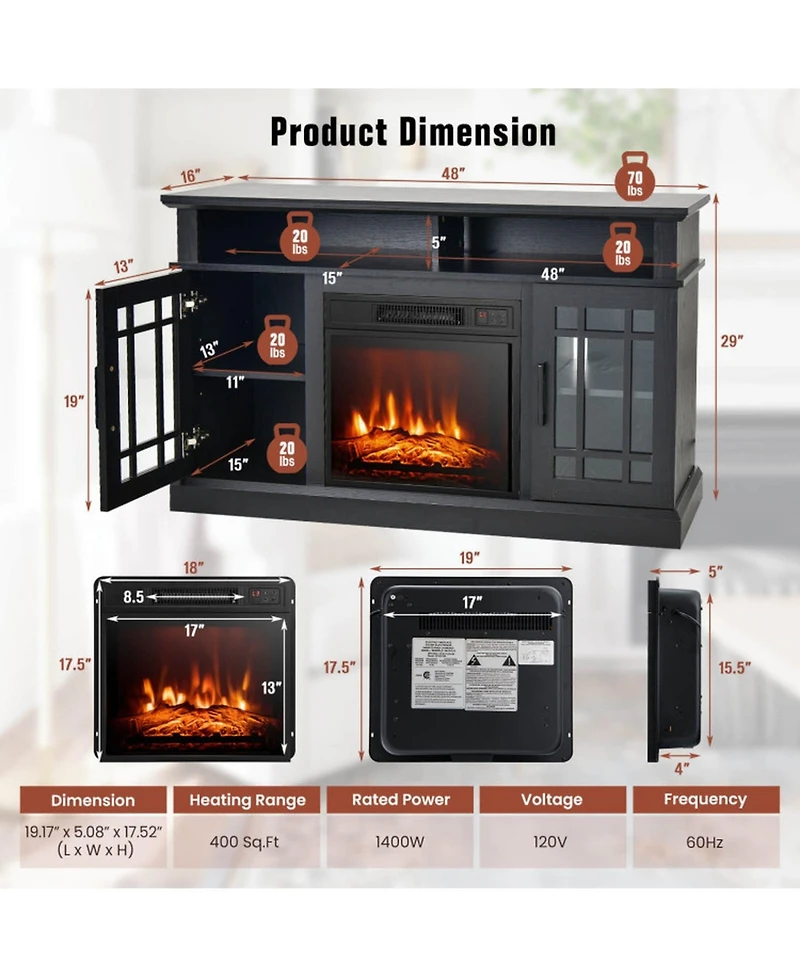 Gouun 48 in Electric Fireplace Tv Stand with Storage Cabinets for TVs up to 55 in