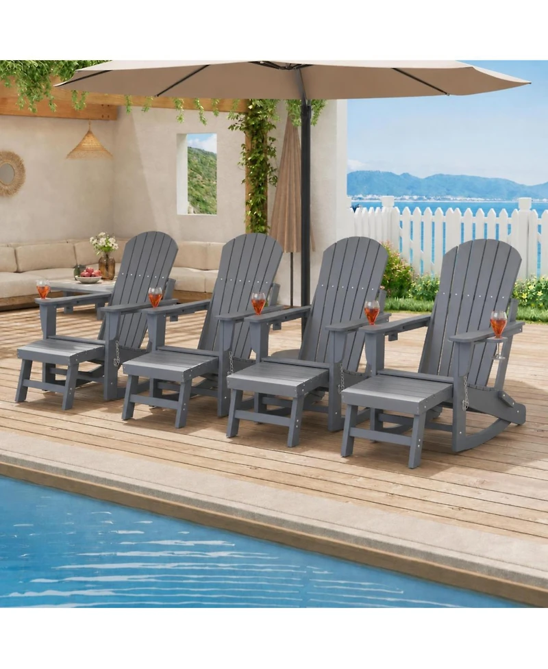 homfan Set of 4 Folding Adirondack Rocking Chairs with Footrest Outdoor Rocking Chair with Retractable Ottoman and Cup Holder for Patio or Garden