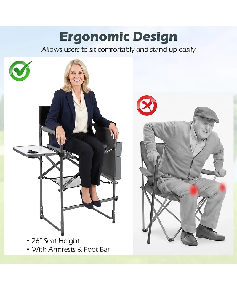 Gymax 26'' Folding Tall Director Chair with Side Table Cup Holders Storage Pockets