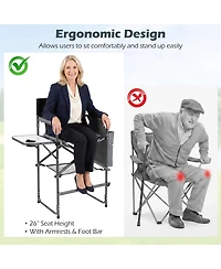 Gymax 26'' Folding Tall Director Chair with Side Table Cup Holders Storage Pockets