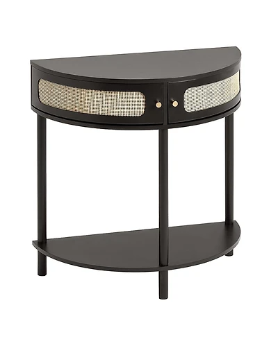 Slickblue Half Circle Console Table with Rattan Door, 2 Drawers, Accent Storage Table for Entryway