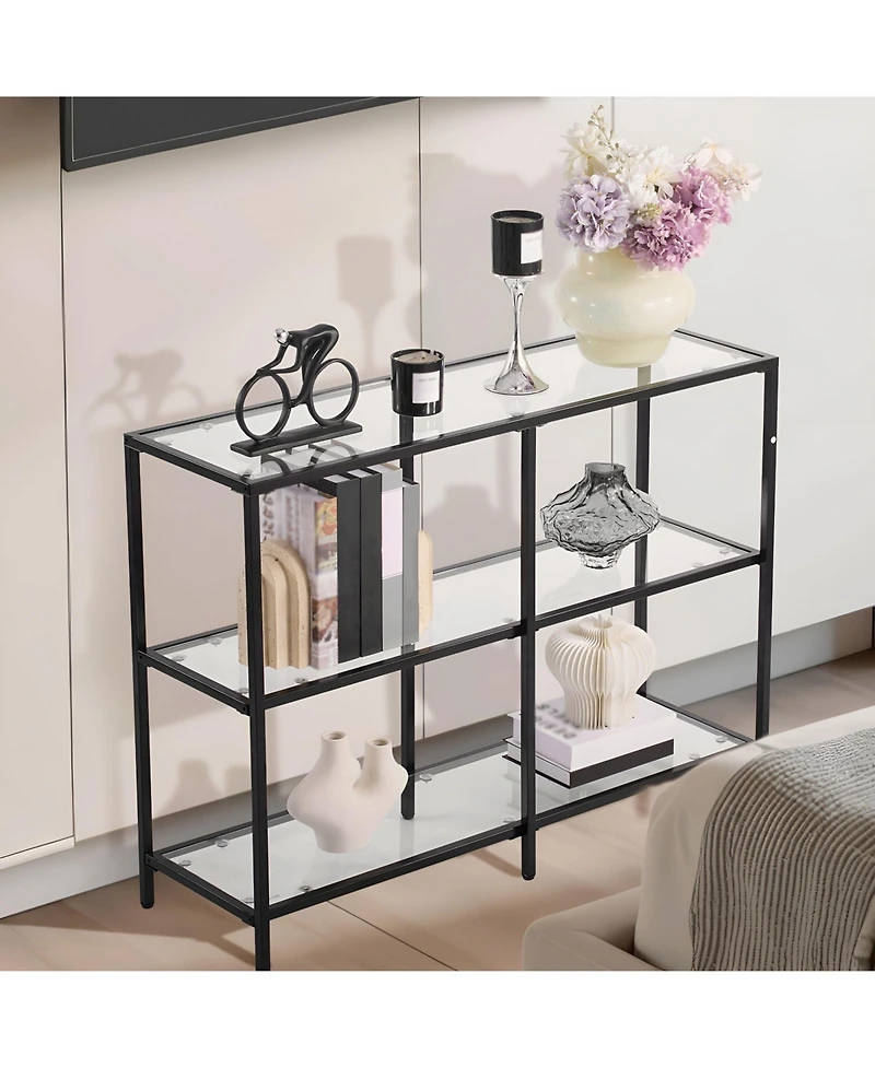 Slickblue Tempered Glass Console Table with 3-Tier Storage Shelves, Contemporary Sofa Table for Living Room