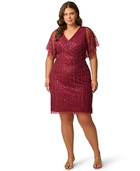 Adrianna Papell Plus Sequin Beaded Flutter-Sleeve Dress
