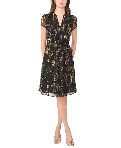 Msk Women's Floral-Print Pintuck Short-Sleeve Shirtdress