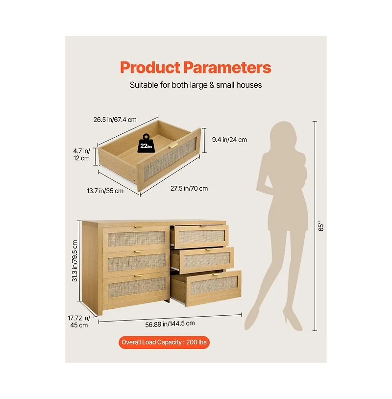 Slickblue 6 Drawer Rattan Dresser with Storage for Bedroom and Hallway