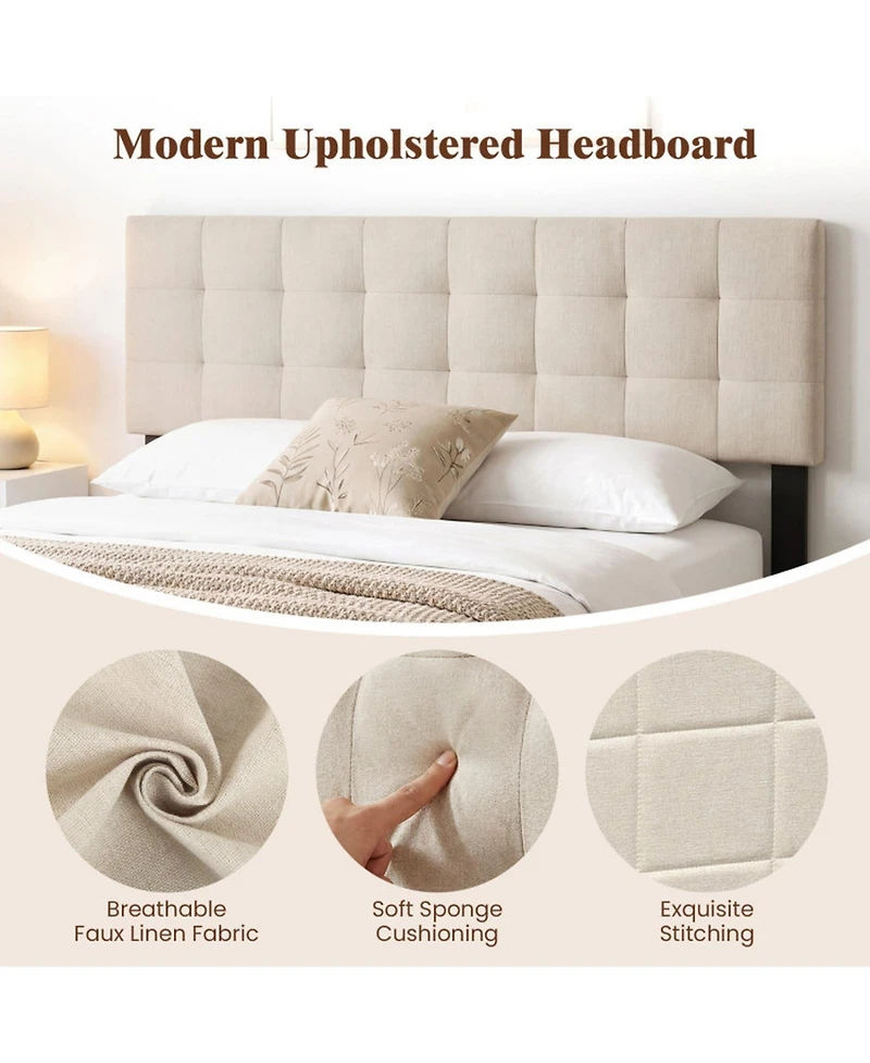 Sugift Queen Full Upholstered Quilted Grid Linen Fabric Headboard Mount Panel