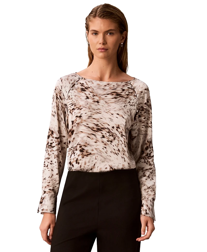 Calvin Klein Women's Boat Neck Button-Front Long-Raglan-Sleeve Blouse