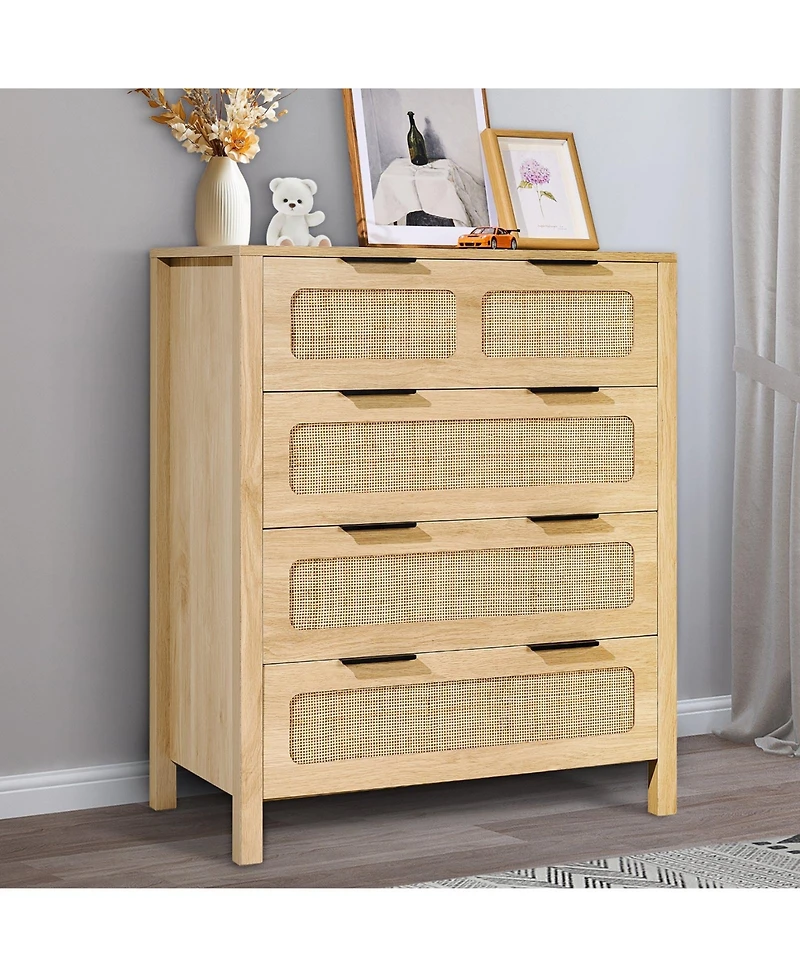 Slickblue 4 Drawer Rattan Dresser with Spacious Storage for Bedroom