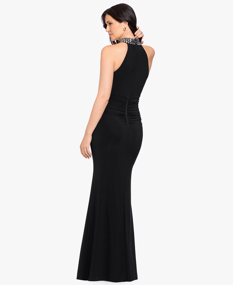Betsy & Adam Petite Beaded Mock Neck Sleeveless Gown