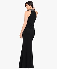 Betsy & Adam Petite Beaded Mock Neck Sleeveless Gown