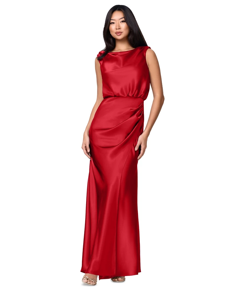 Betsy & Adam Plus Ruched Cowl Neck Sleeveless Gown